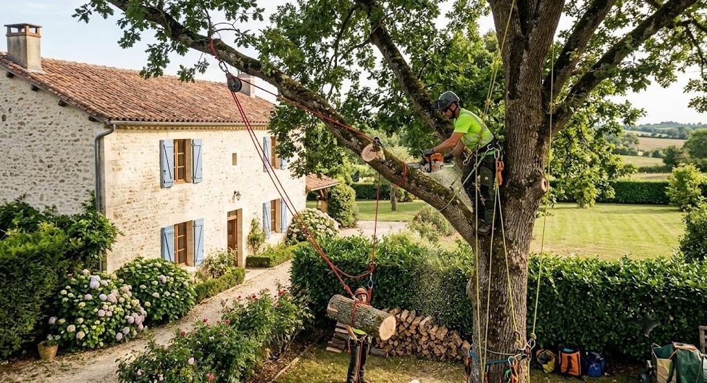 Abattage d'un grand arbre par l'entreprise Lemaire dans la Nièvre